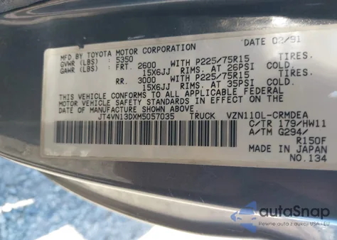 1991 Toyota Pickup 1/2 Ton Ex Lng Whlbse Dlx z USA, uszkodzony, nr VIN JT4VN13DXM5057035